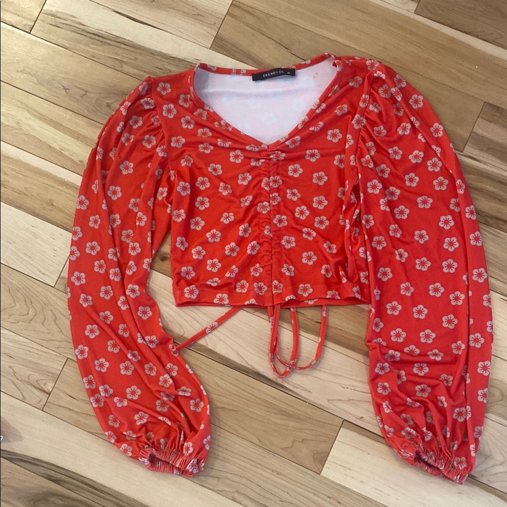 Trendyol Red Flutter Sleeve Crop Blouse